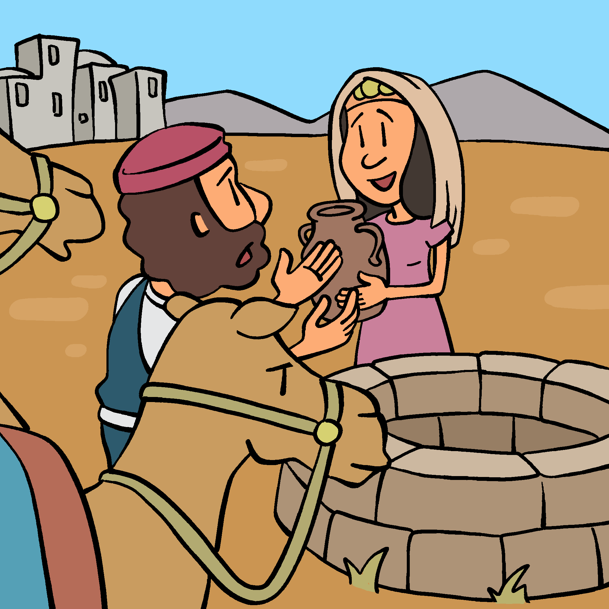 Rebekah helps Abraham's servant at the well