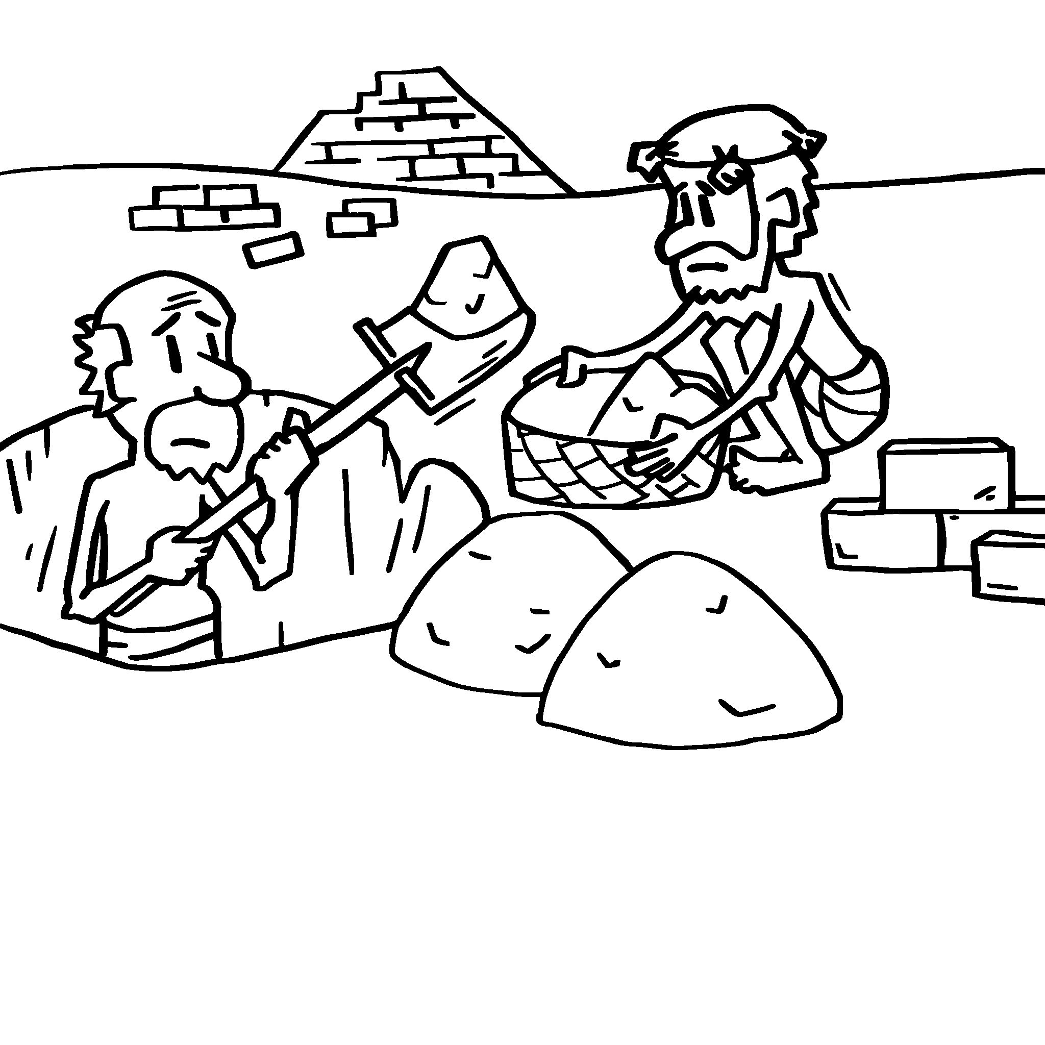 Dos hombres trabajan haciendo ladrillos para los egipcios