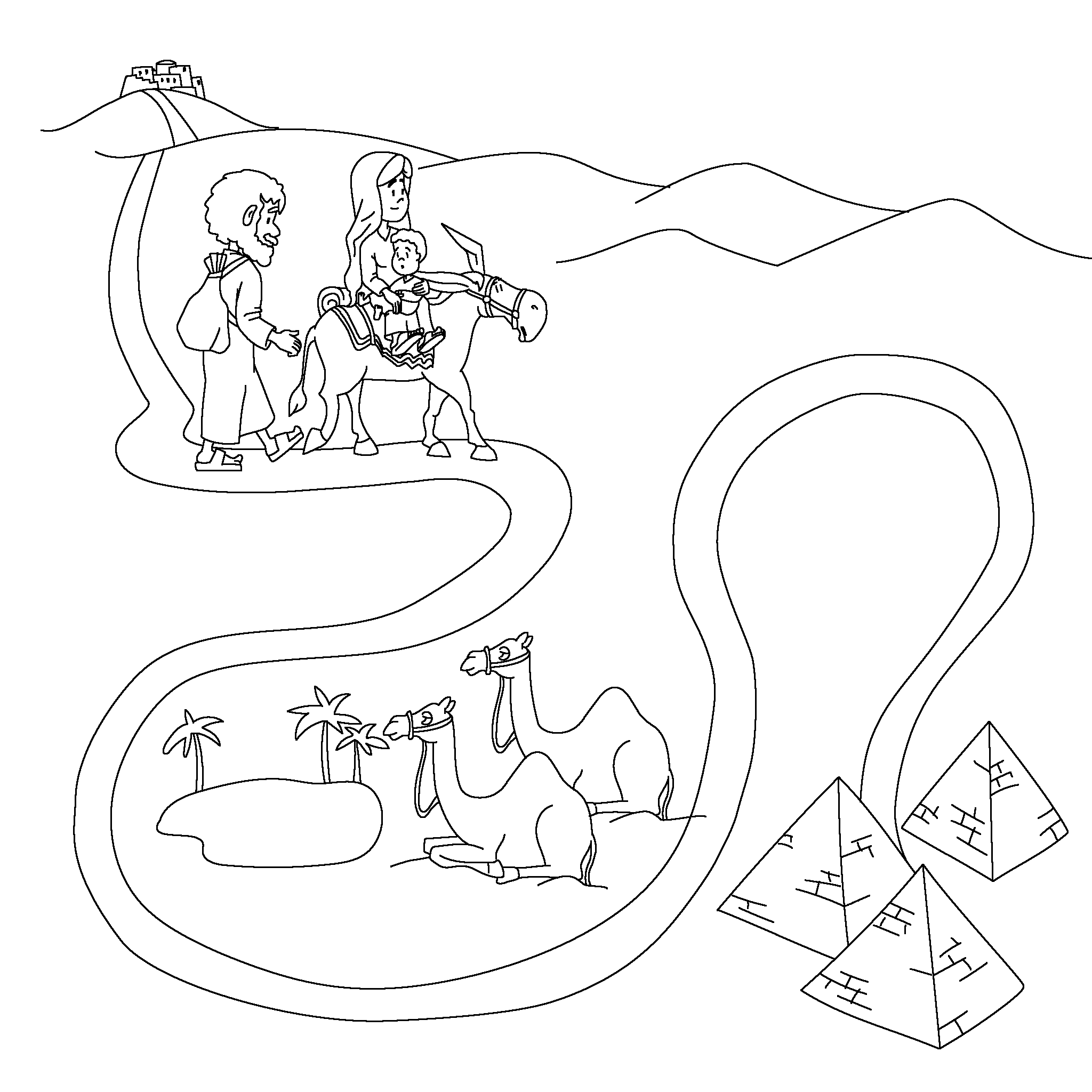 Maria, Josef und Jesus fliehen nach Ägypten.