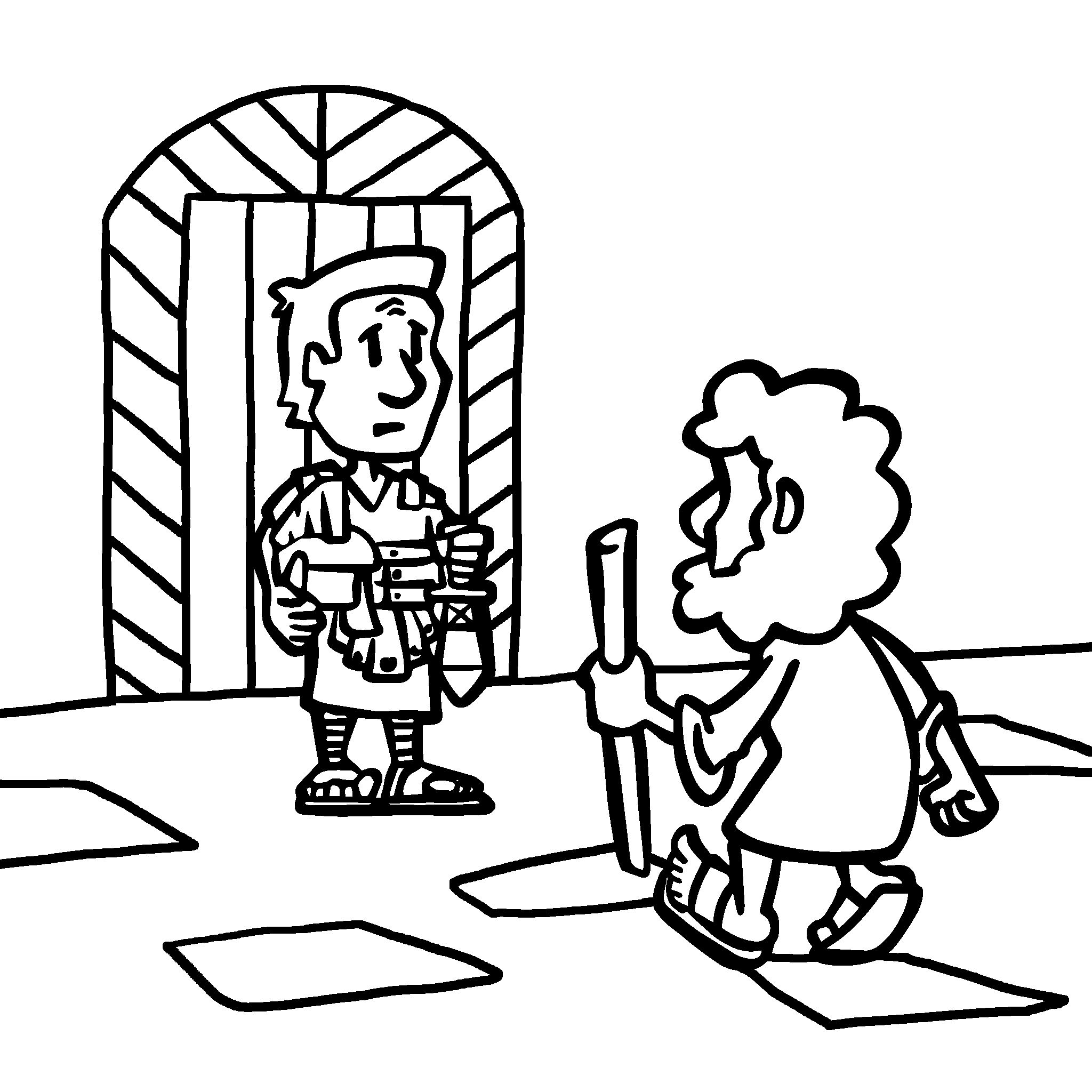 The Apostle Peter meets Cornelius, a Roman centurion, at his doorway. This is a key moment when the Gospel begins to spread to the Gentiles, showing that God loves all people.