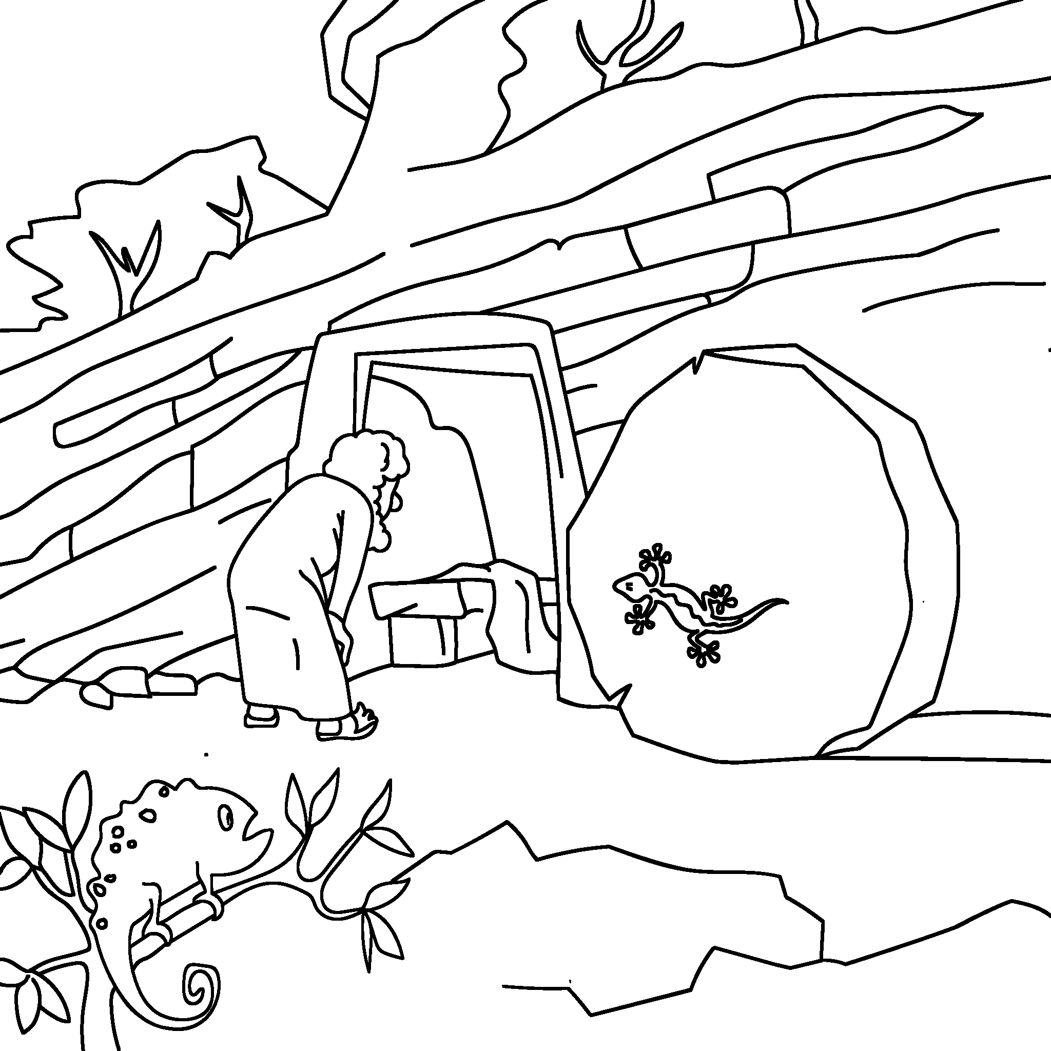 Peter bends over to look into the empty tomb and sees the linen cloths lying there.