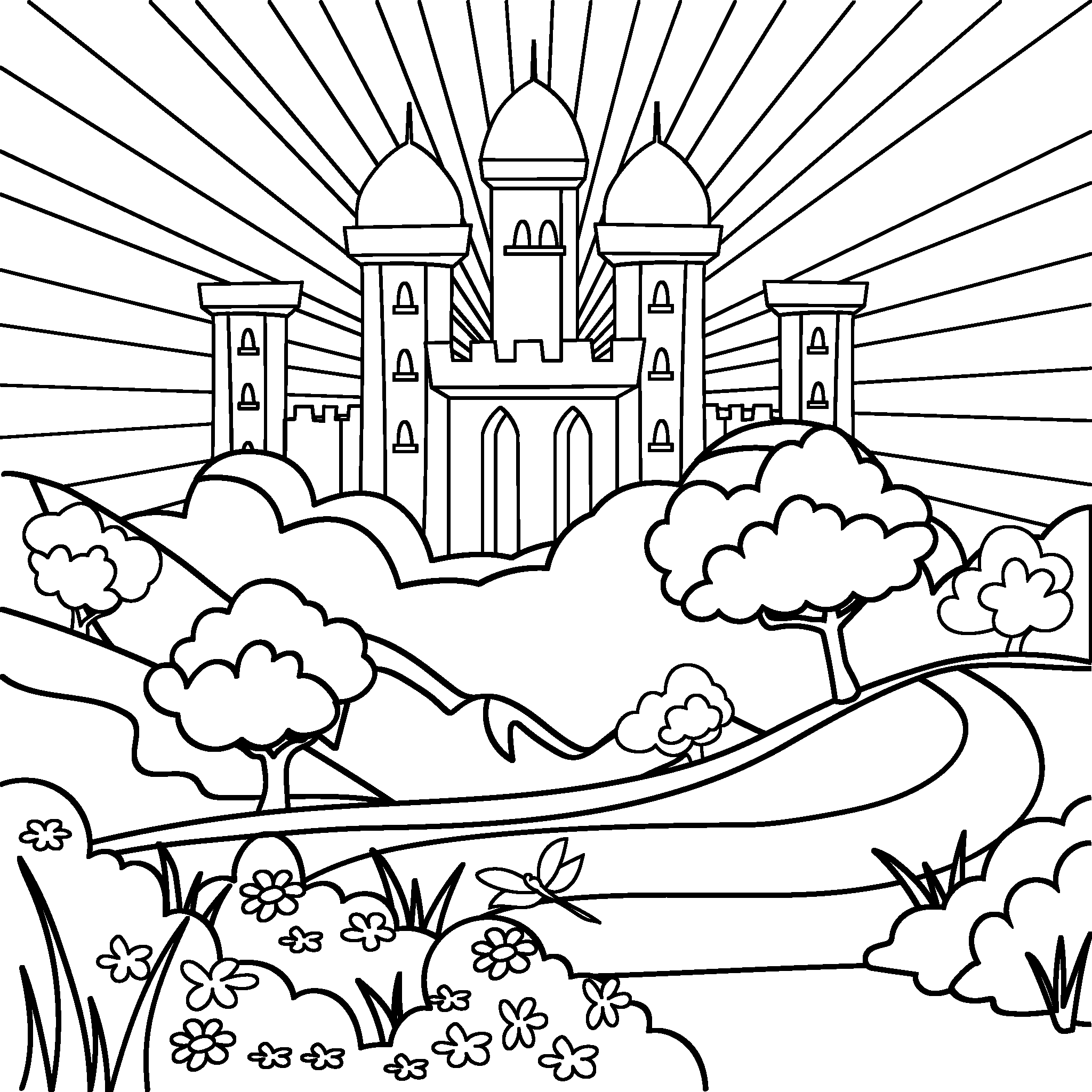 Ein beeindruckendes Schloss mit goldenen Kuppeln steht auf Wolken, umgeben von hellen Sonnenstrahlen. Ein Weg führt durch eine bunte, hügelige Landschaft mit Bäumen und Blumen.
