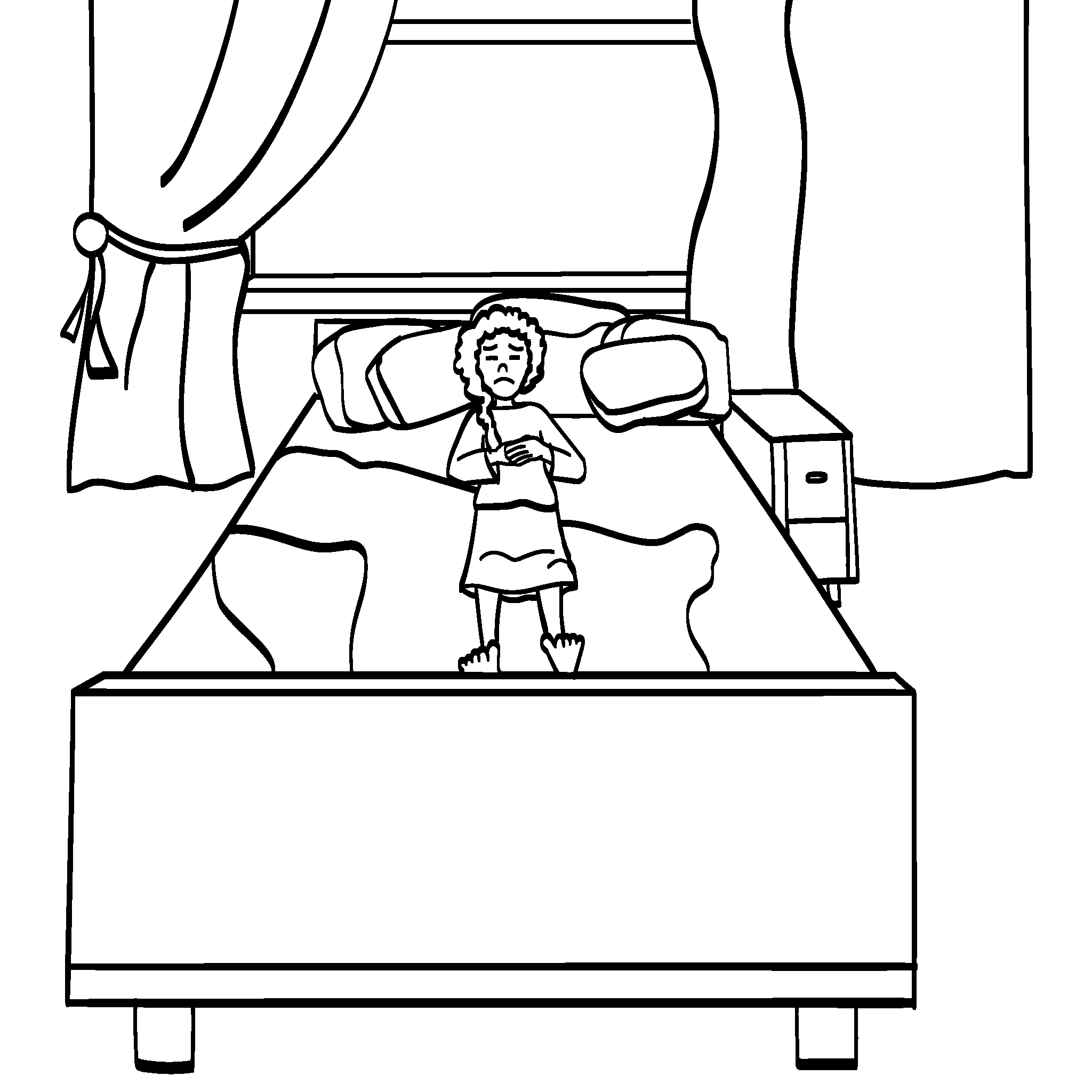 A girl lies on a bed with her arms crossed, looking ill. Draw Jairus' sick daughter in her bed.